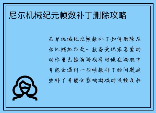 尼尔机械纪元帧数补丁删除攻略